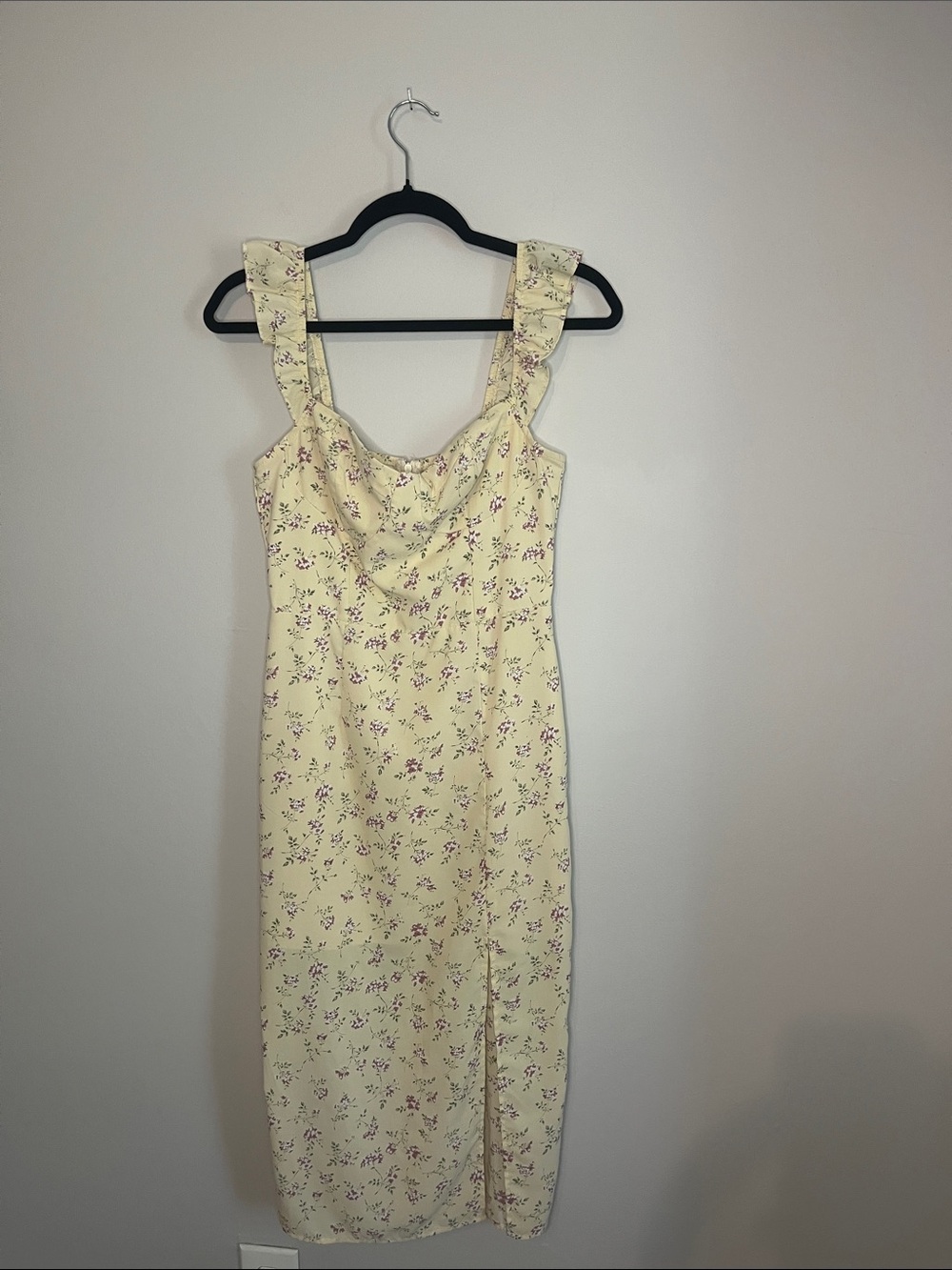 SHEIN Pale Yellow Floral Ruffle Strap Midi Dress